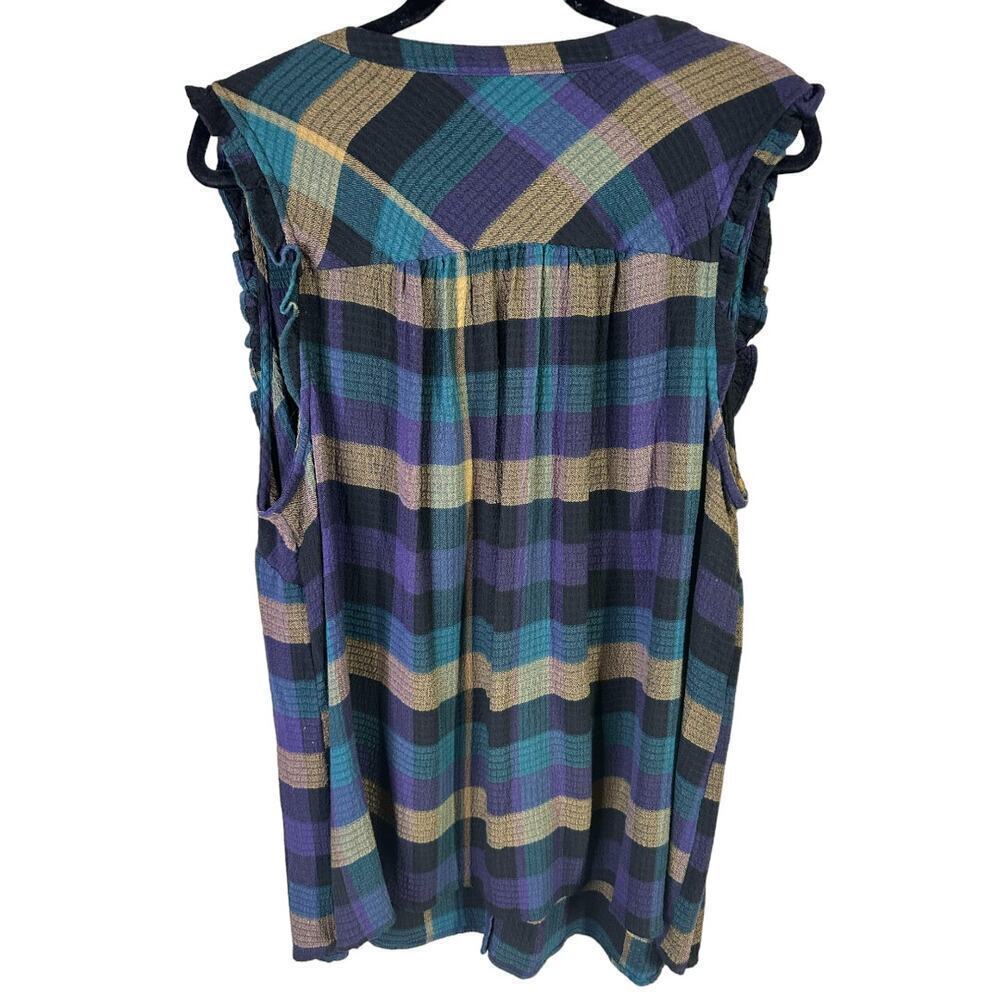 Torrid Plaid Gauze Button Front Tie Neck Tank Purple Green Gold Black Size 1 - Picture 2 of 8
